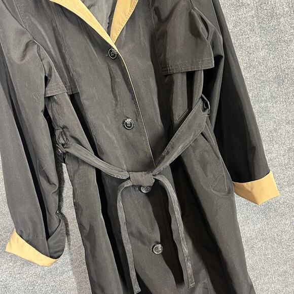 Misty Harbor Trench Coat Womens Medium Black Tan Classic Hood Belt Outdoor Rain - Picture 3 of 11